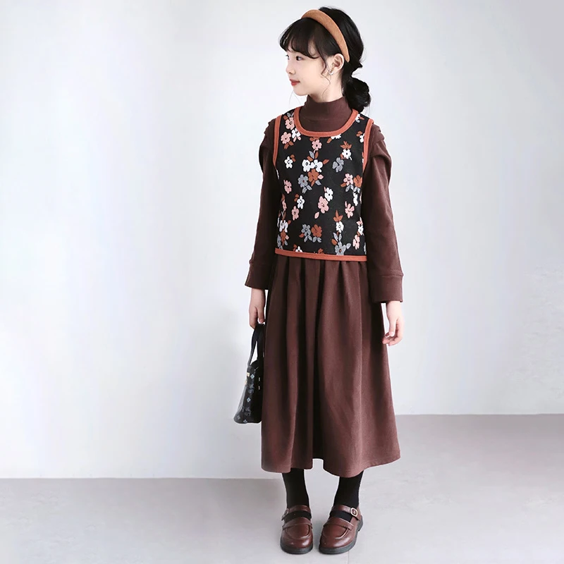 

Children Autumn Winter Girls Retro Floret Vest And Velvet Dress Two-piece Set Kids Outfit Sets Teenage Korean Clothes 6-14 Years