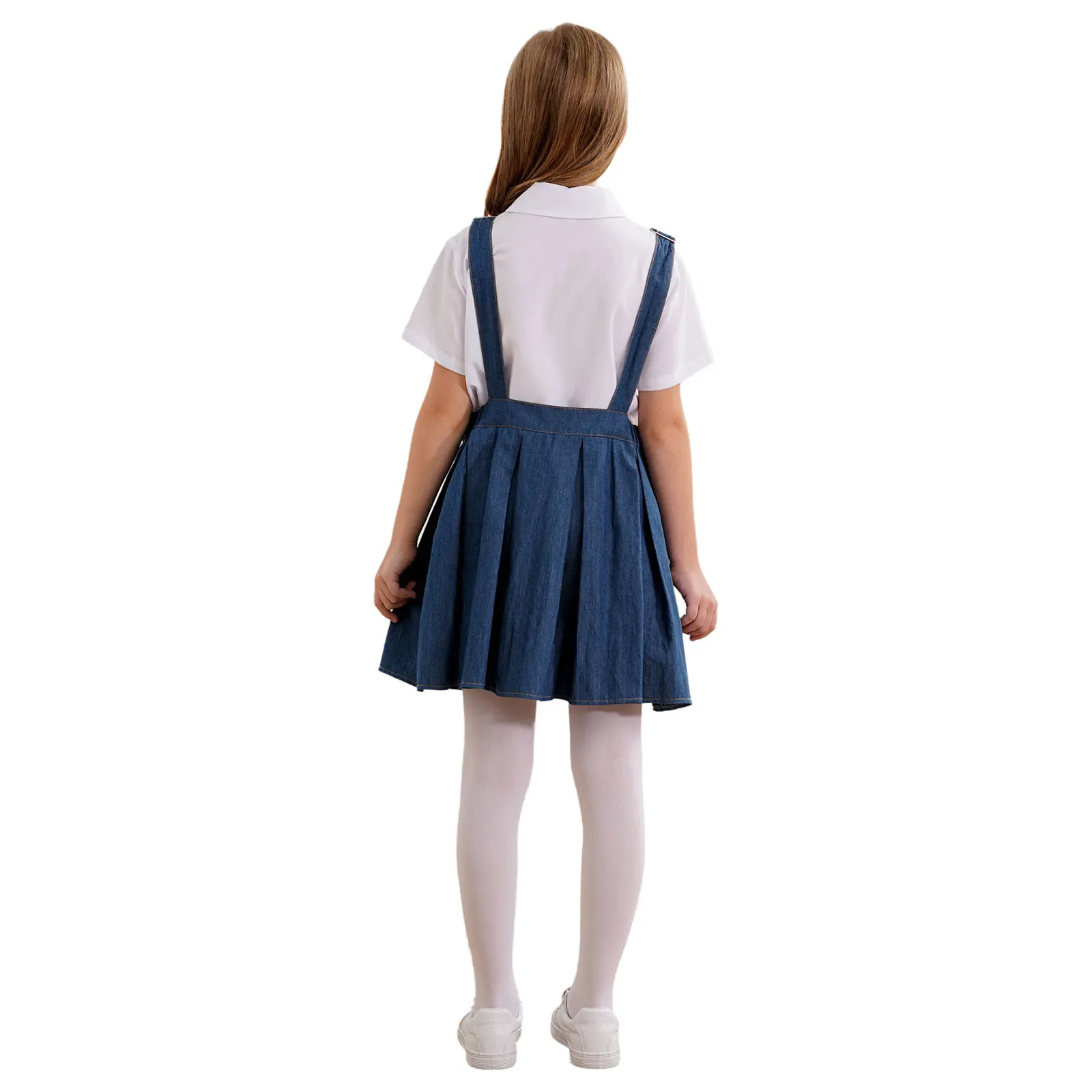 Kids Girls Adjustable Strap Bib Skirt Denim Overall Dress Pleated Suspender Casual Overalls Pleated Daily Dresses with Pocket