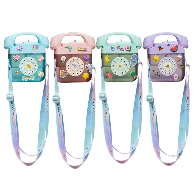 

400ml Telephone Design Water Bottle Kawaii Straw Bottle Adjustable Strap Leak Proof Creative Retro Aesthetic Water Bottle