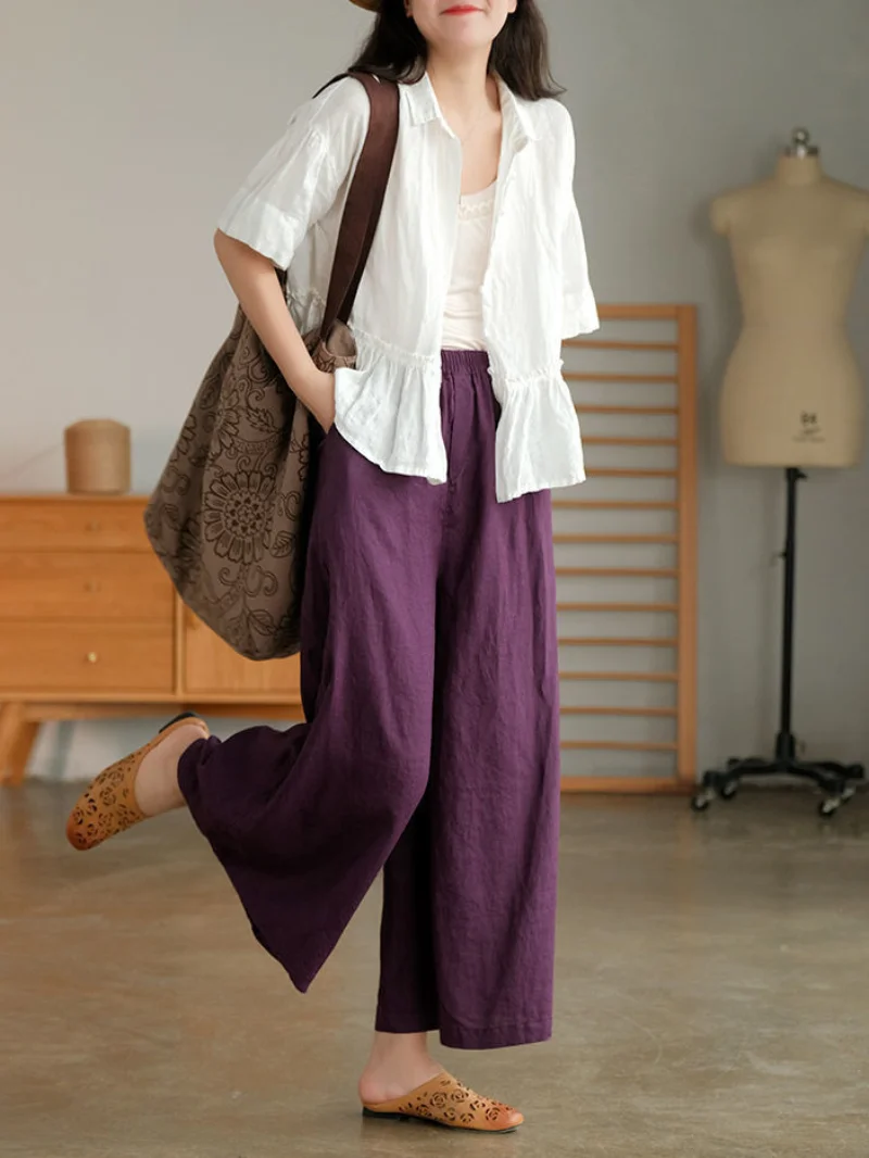 2023 Cotton Linen Home Wear Loose Pants for Women Summer Casual Wide Leg Trousers Purple Soft Capri Pants Women's Joggers New