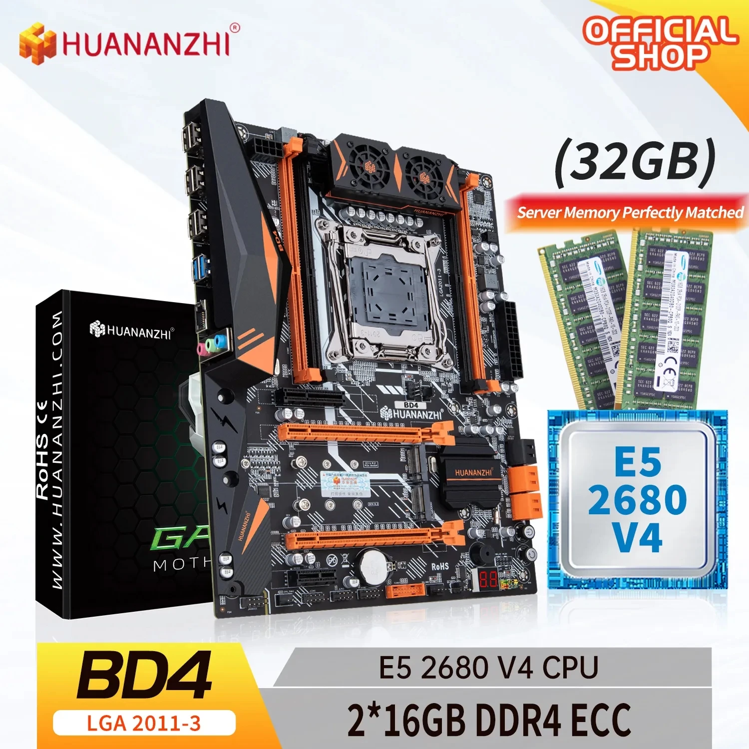 

HUANANZHI BD4 LGA 2011-3 Motherboard with Intel XEON E5 2680 V4 with 2*16G DDR4 RECC memory combo kit set NVME NGFF SATA USB