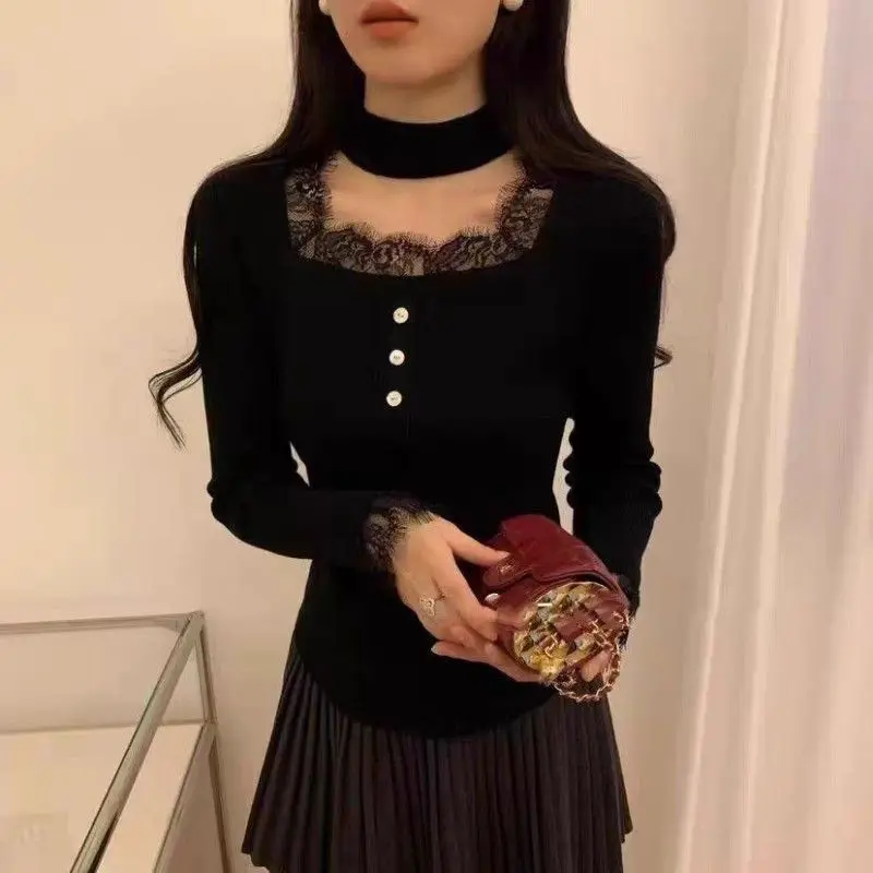 Damen Langarm Strickoberteil Mit Spitzenbesatz Und Eckigem Ausschnitt_voghion.com