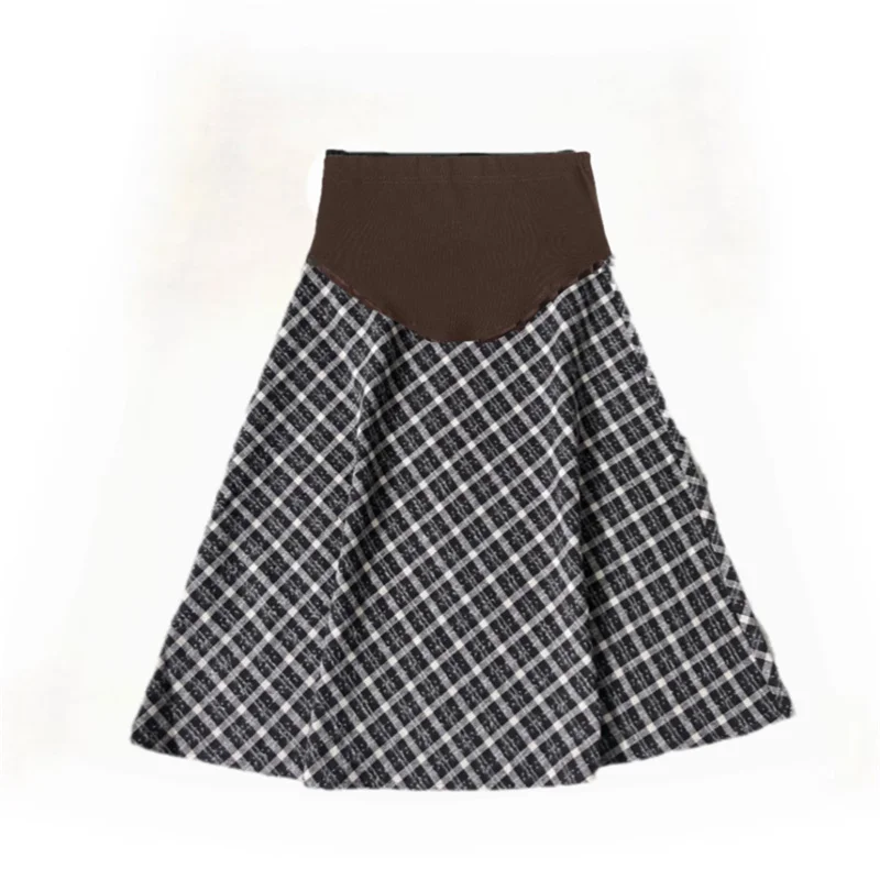 Winter Pregnant Woman Plaid Empire Skirt with Pockets Plus Size Large Hem Long Loose Maternity Belly Skirt Woolen Umbrella