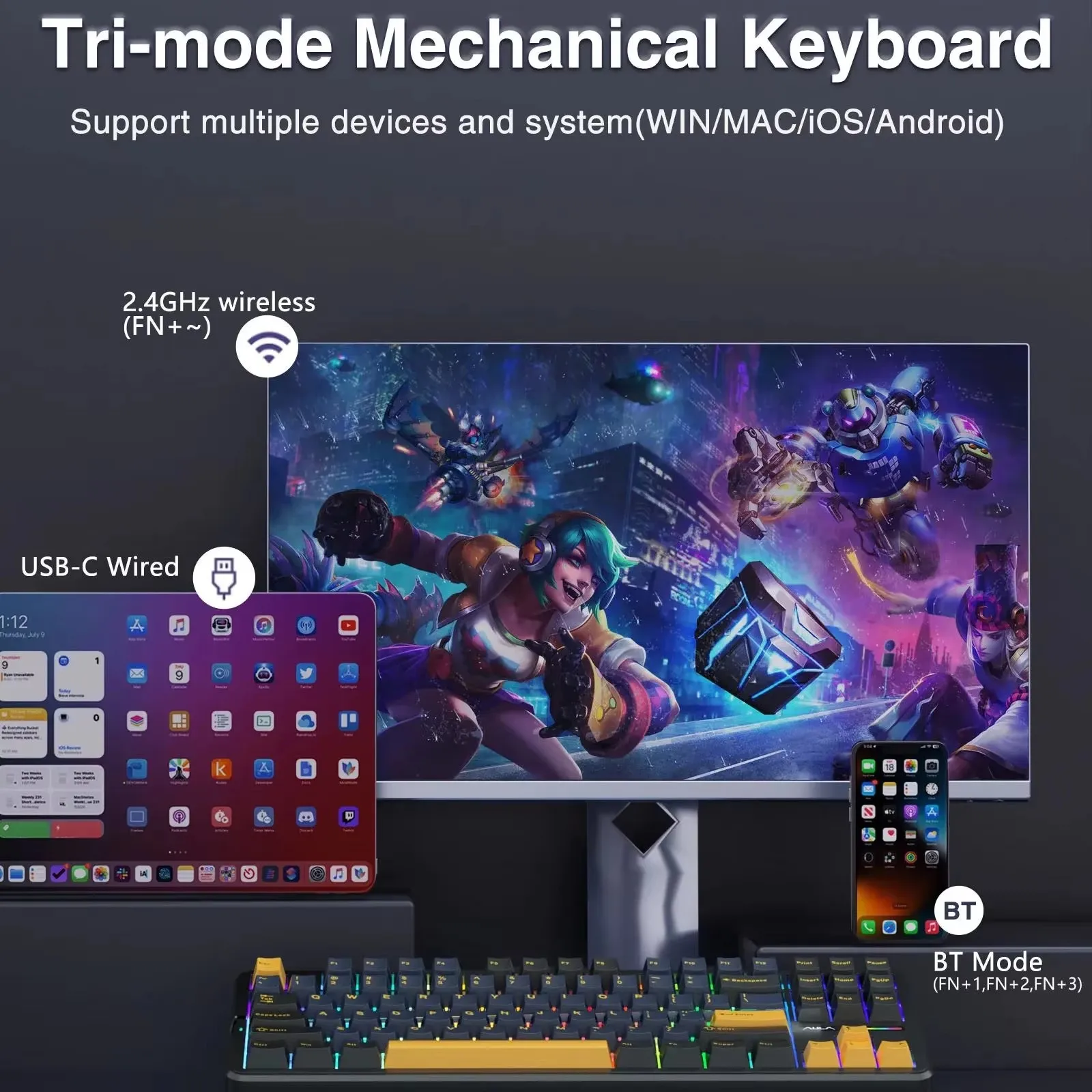 AULA F87 Pro Mechanical Keyboard Customized Wired 2.4g Wireless Tri-mode 8000mAh HotSwap RGB PBT Light Gasket for Laptop PC Gift