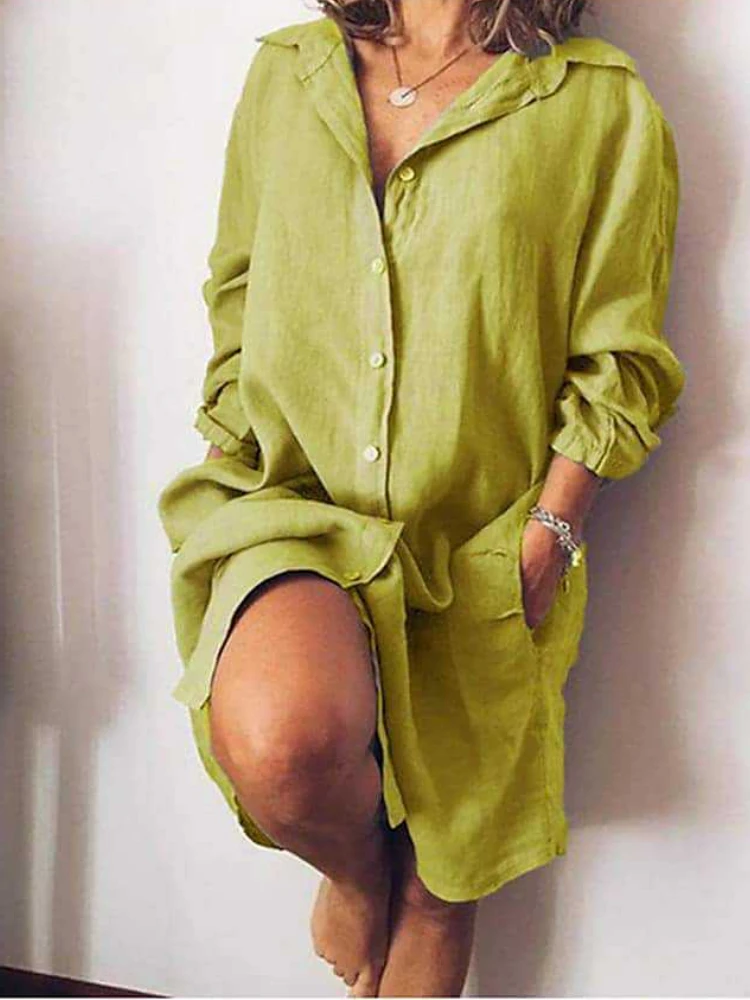 2024 Autumn Fashion New Elegant Cotton and Hemp Women's Dress Elegant Commuting Style Flip Collar Single Breasted Elegant Dress 4