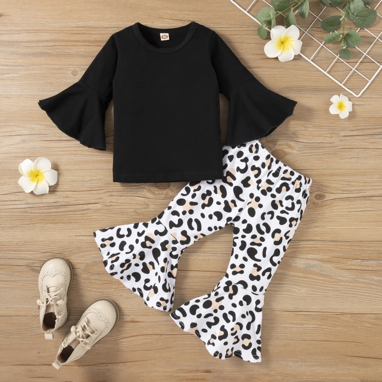 

Prowow 1-6Y 2023 New Kids Clothes Girls Outfit Sets Flared Sleeve Pullover Top+Leopard Pants Fashion Children Clothing For Girls