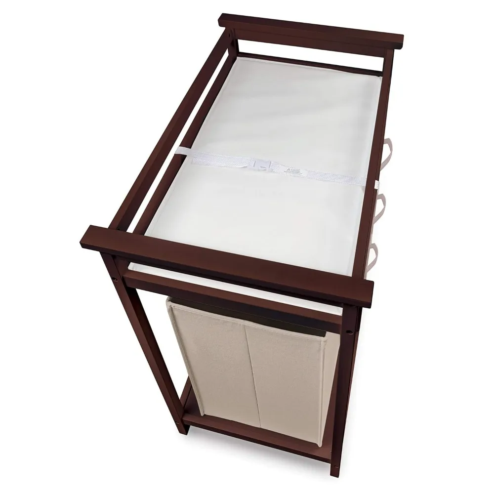 Modern Baby Changing Table with Laundry Hamper, 3 Storage Drawers and Pad, Diaper Change Station-Cherry/Ecru