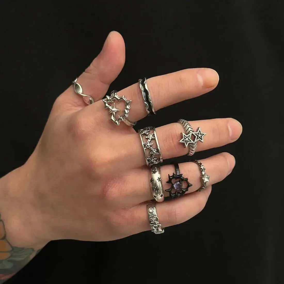 Ingemark 9 Teile/satz Goth Alte Silber Farbe Offene Ringe für Männer 2025 Trend Vintage Metall Stern Hohl Fledermaus Form Ringe männlichen Schmuck