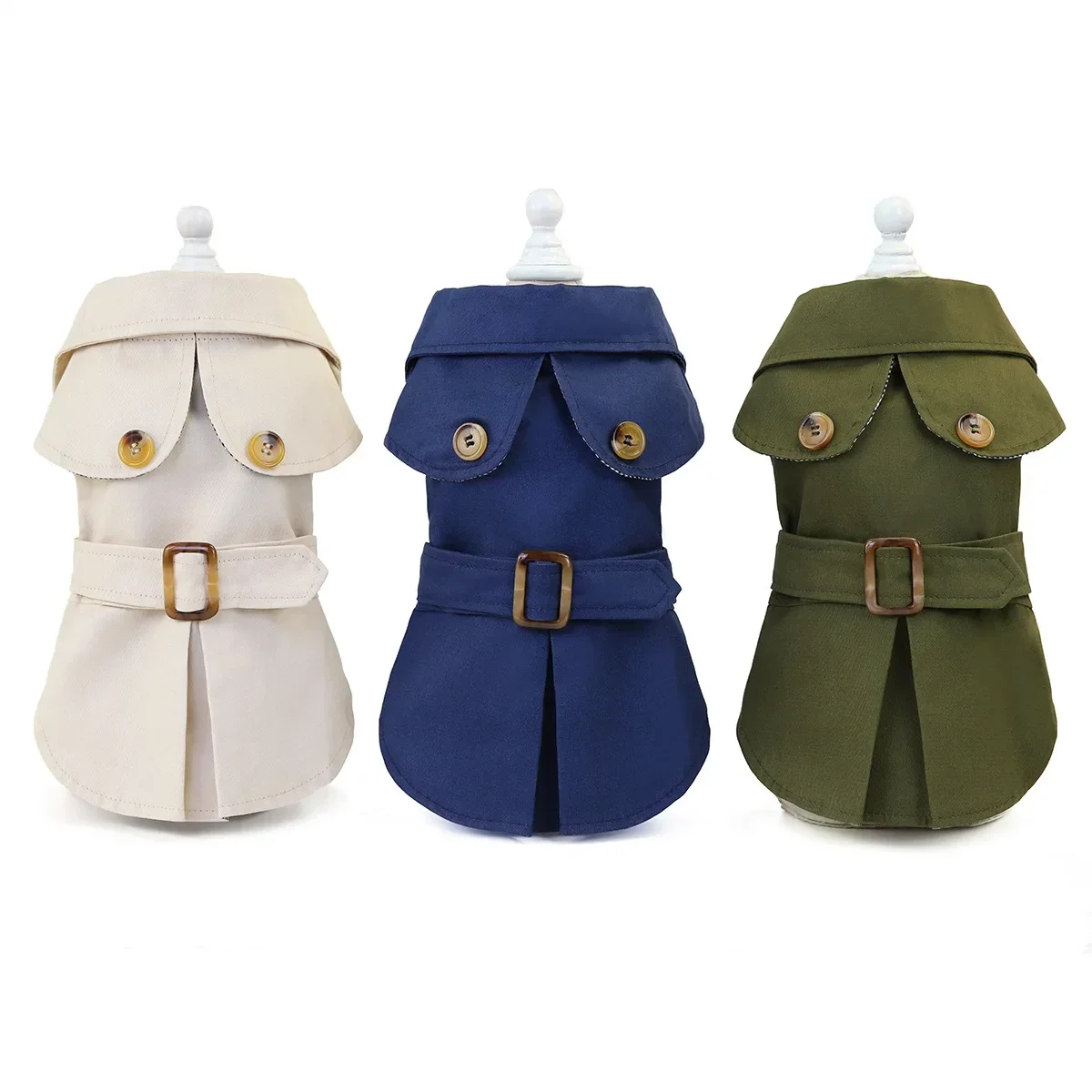 

3 Colors Pet Clothes Autumn Winter Blue Kahai Army Green Elegant Dog Coat Trench with Belt Decor Plaid Inner Cloth Pets Jacket