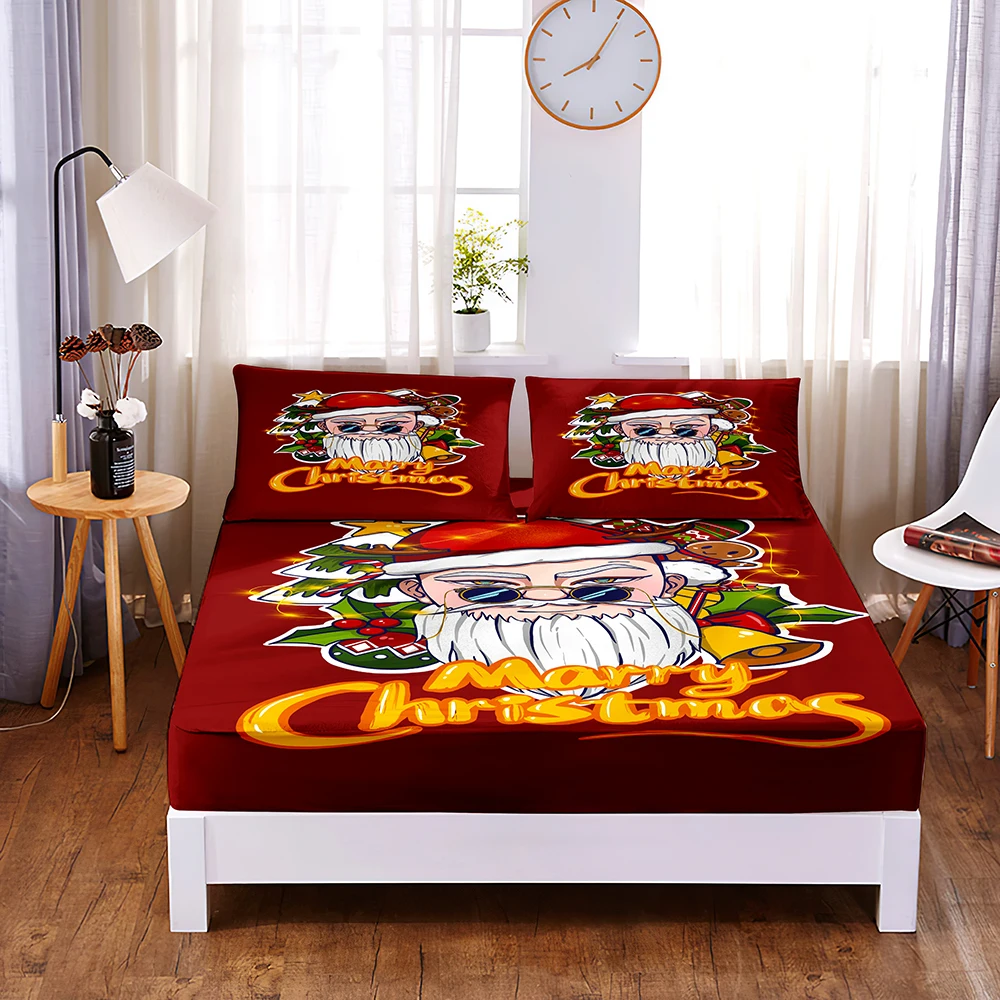 

Christmas Digital Printed 3pc Polyester Fitted Sheet Mattress Cover Four Corners with Elastic Band Bed Sheet Pillowcase