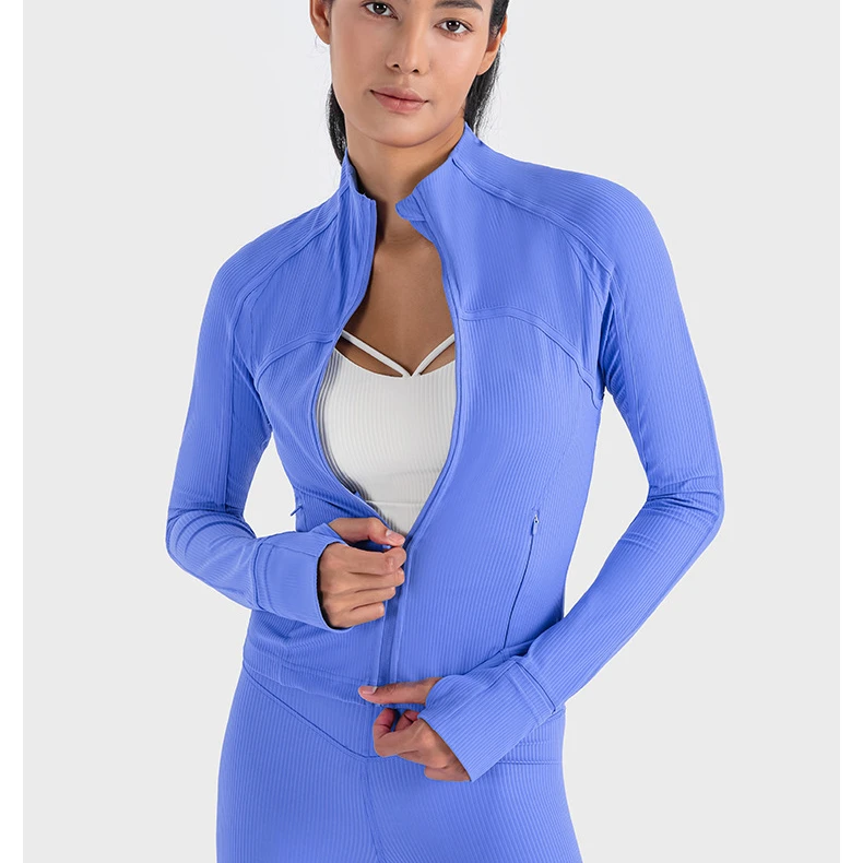 

Lulu-Women Ribbed Cropped Define Stand Neck Jacket Lightweight Breathable High Elastic Fitness Yoga Coat Tight utdoor Sport Top