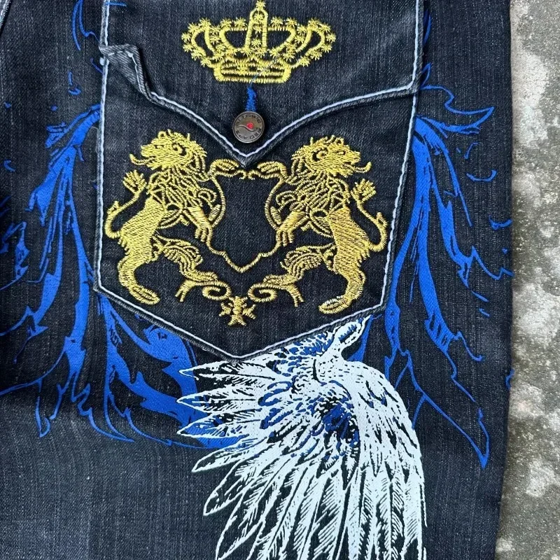 Denim Shorts Summer Jeans Shorts Dark style pattern printed denim shorts men's high street personality Harajuku style loose fashion wide leg ins five-point pants