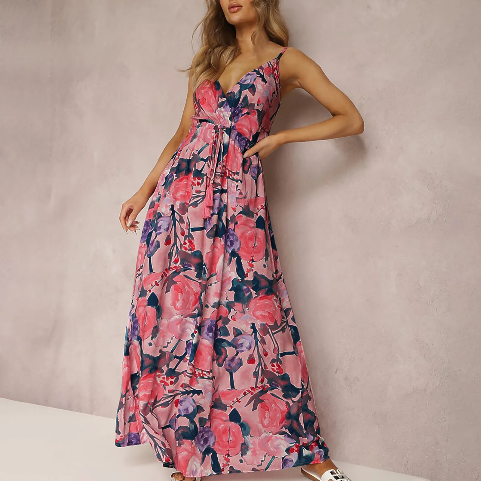 

Floral Print Boho V Neck Sleeveless Women Casual Dress Print Long Maxi Female Elegant Sexy Dresses Party Night Holiday Vestidos