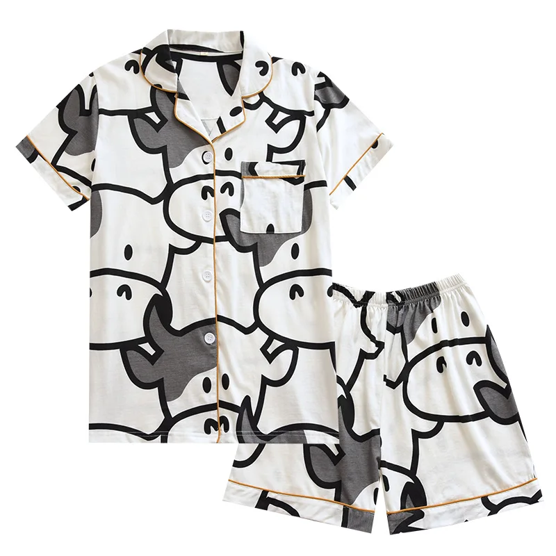 Summer Women's Cartoon Couple Pajama Set Knitted Cotton Cow Pattern Cute Nightgown Lapel Texture 2023 New Design Night-clothes