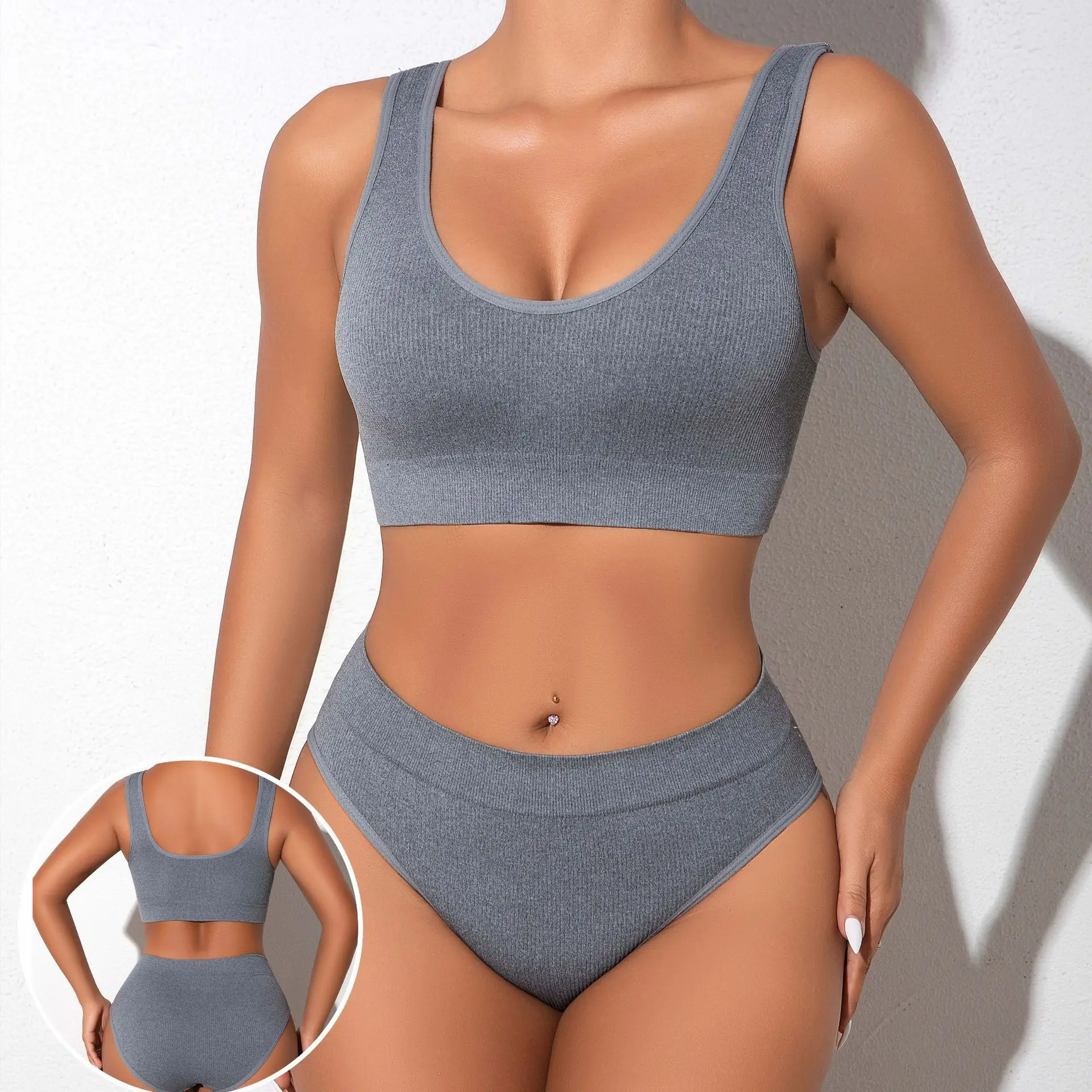 Women Underwear 2 Pcs Set Ribbed Seamless Low Rise Sexy Panties And Bras Sets Breathable Comfortable Female Underpants Lingerie