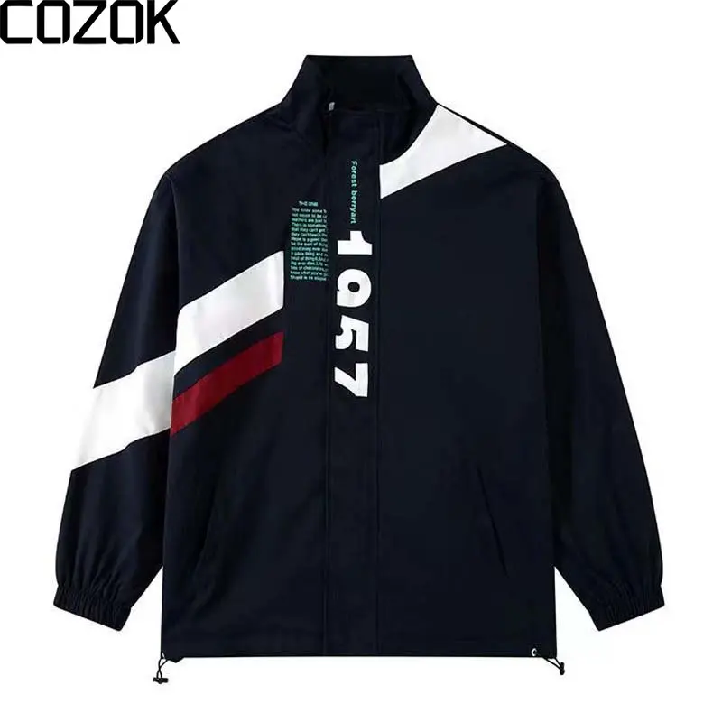 

Korean Windbreaker Jacket Men/Women Harajuku Letter Printed Color Block Coat Vintage Casual Oversized Jacket Streetwear Spring
