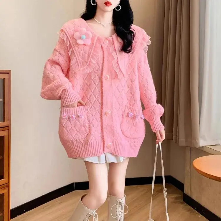 

Hsa New autumn and winter loose and sweet flower knitted cardigan for women lace Up Sweatr Cardigans