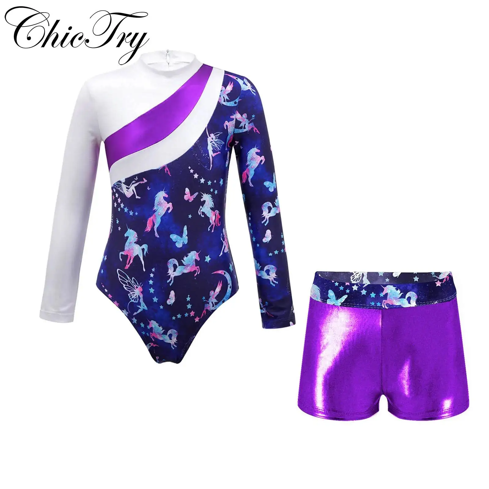 

Kids Girls Ballet Dance Sets Princess Rhinestone Leotard Long Sleeves Metallic Gymnastics Athletic Jumpsuit Dance Competition