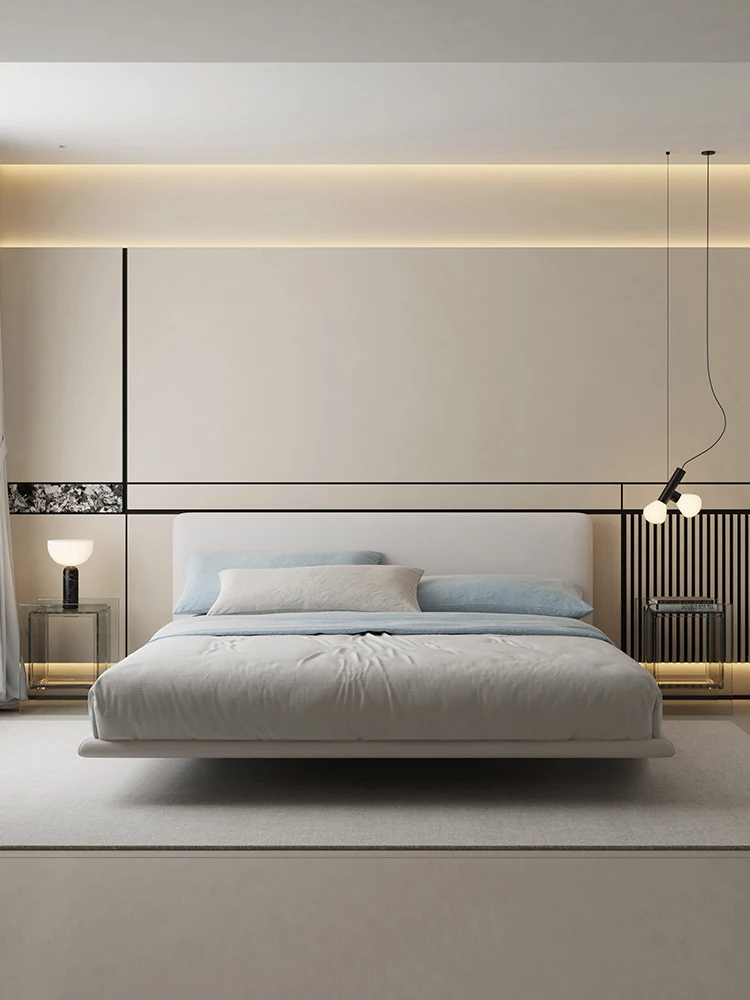 

Italian minimalist fabric bed for two, minimalist and luxurious
