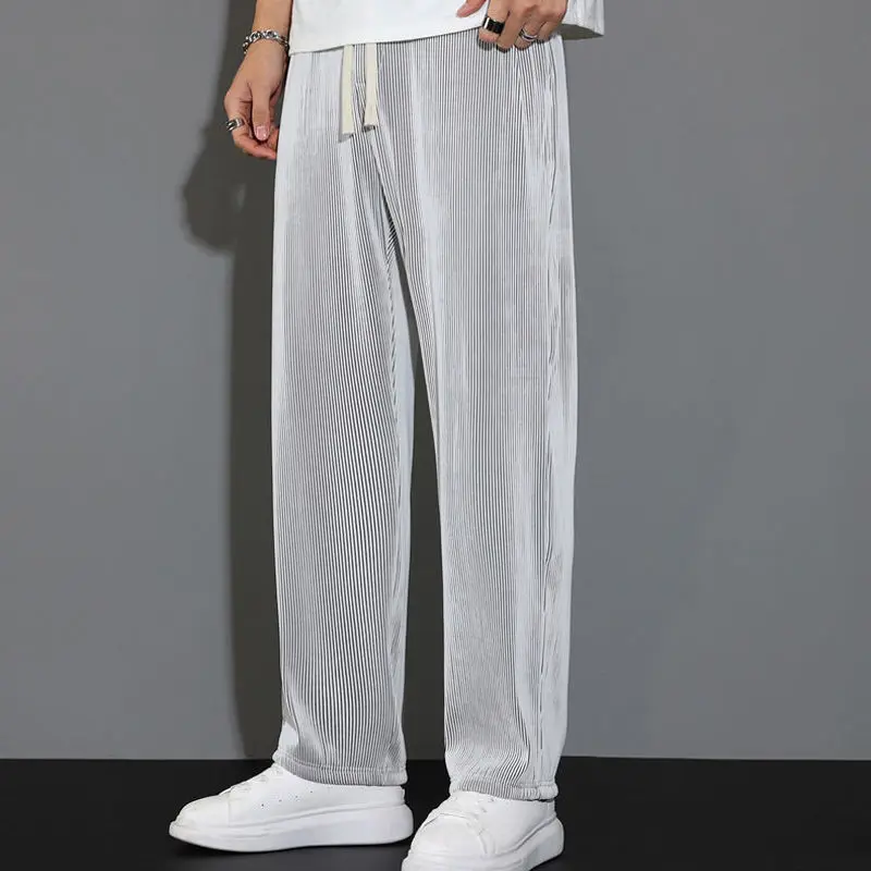 Summer New Sagging Ice Silk Loose Wide Leg Pants Men\'s Solid Thin Elastic Waist Drawstring Straight Quick Drying Casual Trousers