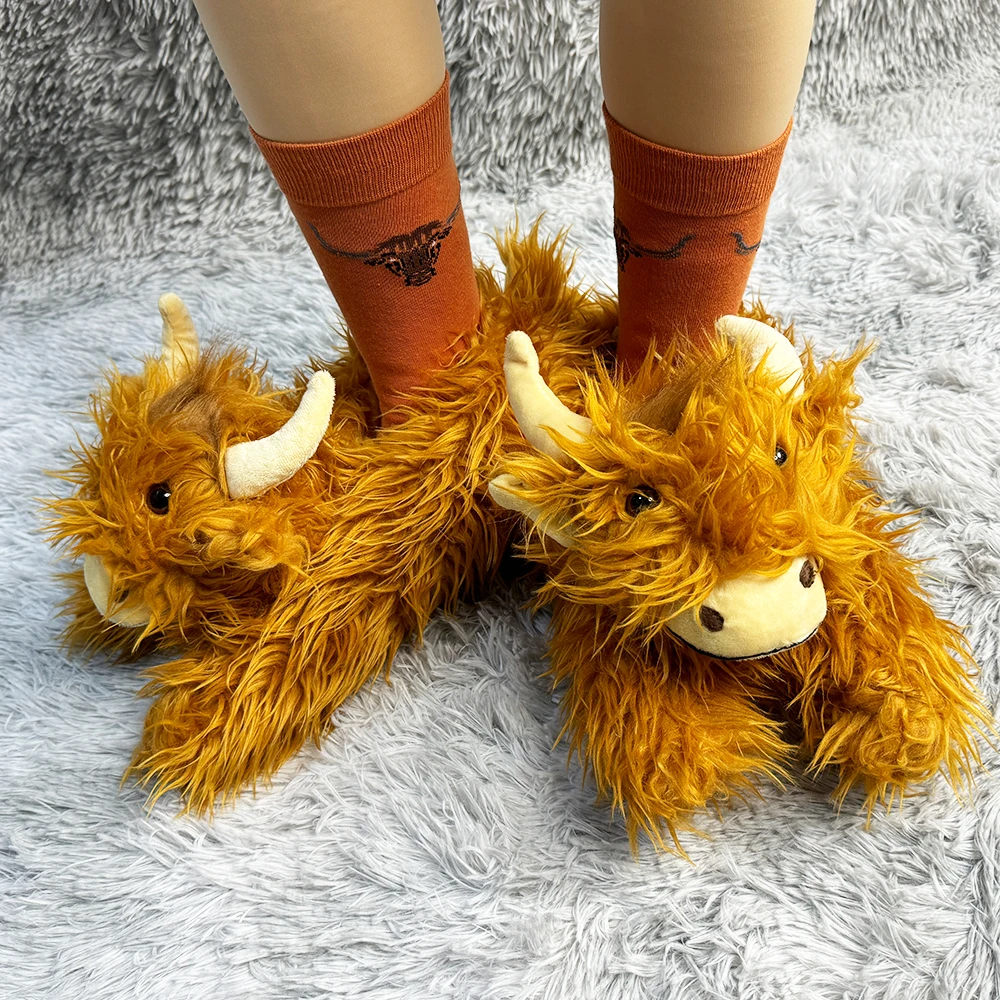 Highland Cow Plush Slippers with Socks Brown Cattle Home Slippers Scottish Animals Warm Soft Shoes Christmas Plushie Gift 4