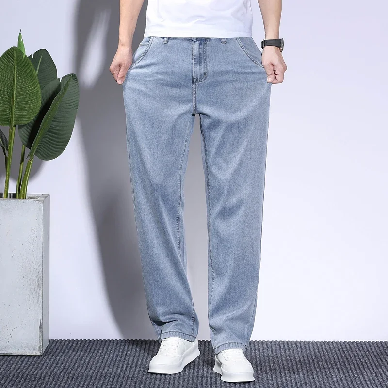 Men's Jeans Lyocell Baggy Thin Summer Breathable Straight Vintage Business Casual Korea Male Denim Trousers