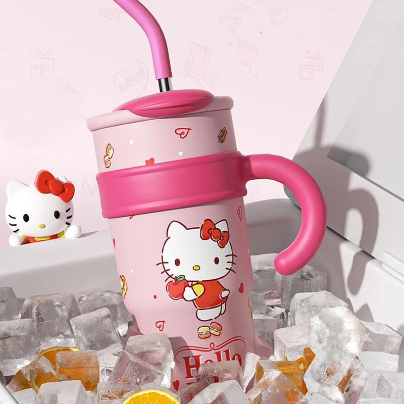 산리오 보온병 빨대 핸들 컵, 헬로 키티, 어린이, 스테인레스 스틸, 대용량, 귀여운 휴대용 커피 컵, 피트니스 병 보틀 워터저그 스테인리스 텀블러 대용량 종이컵 커피 보온물병 빨대컵 스텐리 템블러 보온병 물