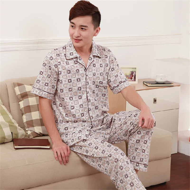 Summer Men's Thin Knitted Cotton Pajamas Short Sleeve Pants Fashion Loose Fit Casual Oversized Home Clothing Set