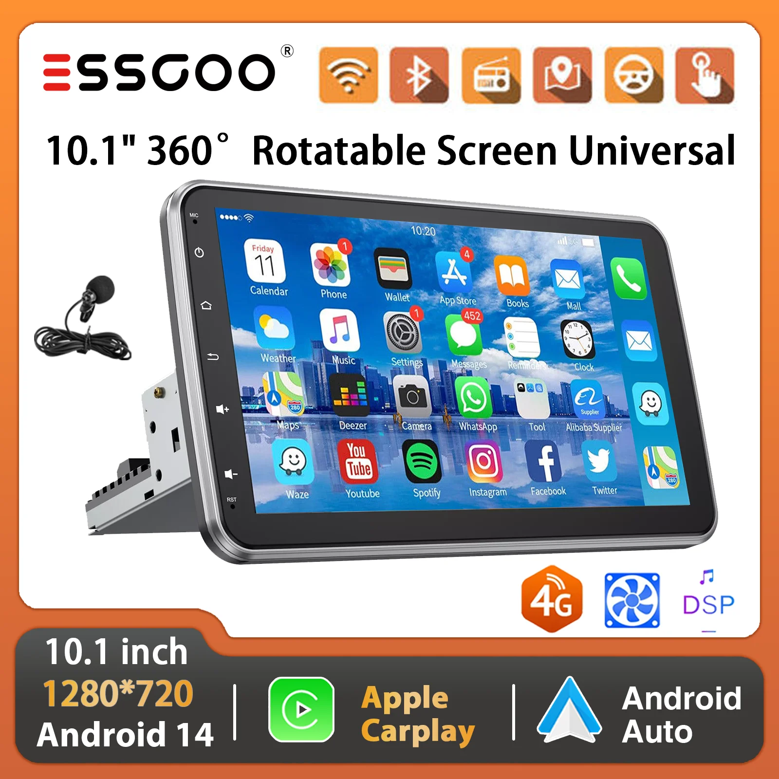 ESSSGOO 6 + 128G Android 14 GPS Navi 360 Rotierenden Bildschirm Universal Auto Stereo Radio 8 Core Carplay Android Auto 4G WiFi DSP BT AM