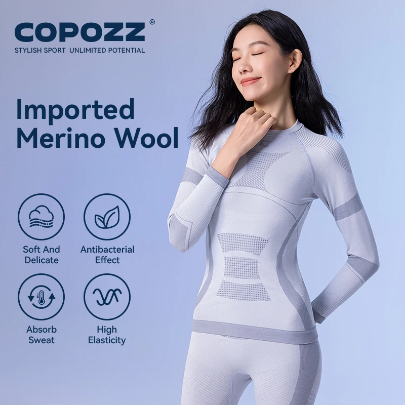COPOZZ Female Male Merino Wool Ski Thermal Underwear Set Functional Compression Tracksuit Tight Snowboard Tops and Pants Adult thermal underwear set
