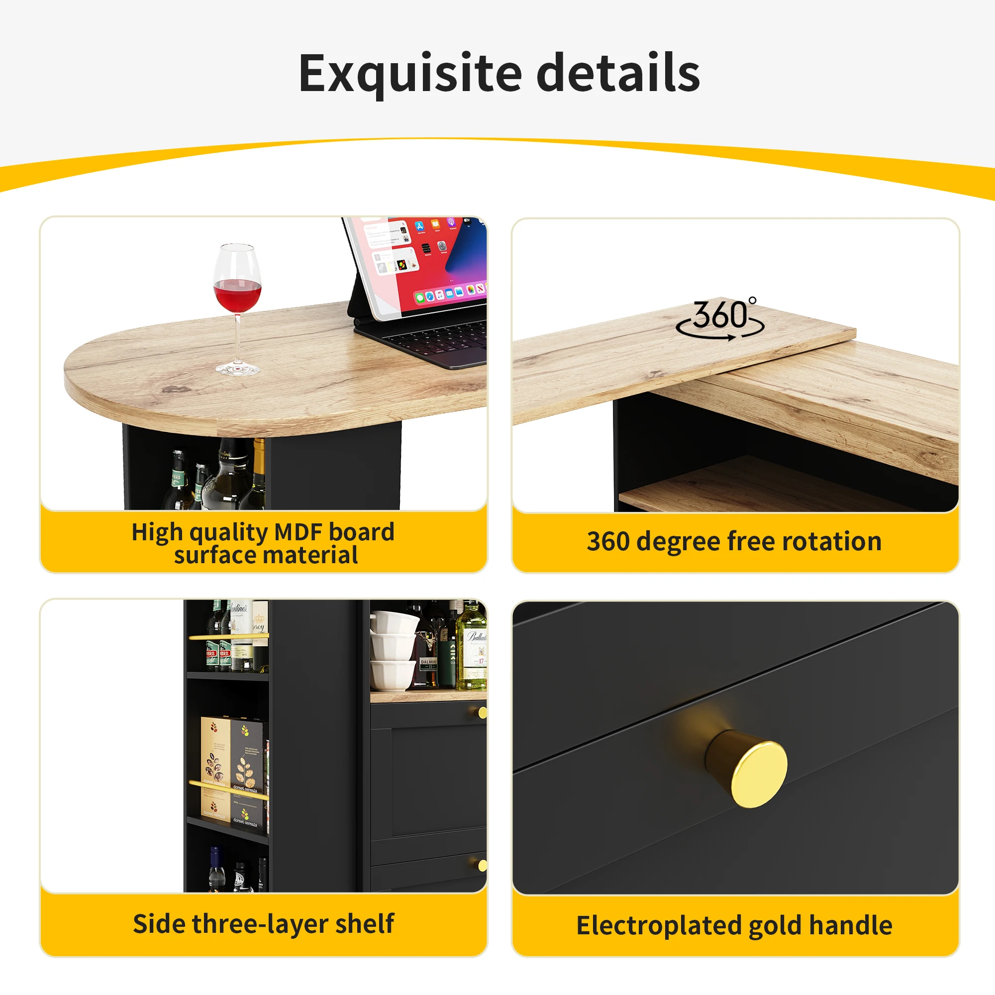 360 ° Drehbarer Bartisch (Hauptkörper 105 x 39 x 102 cm), mit 4 Schubladen und offenen Regalen, geeignet für Esszimmer/Arbeitszimmer/Wohnzimmer – Detail 20
