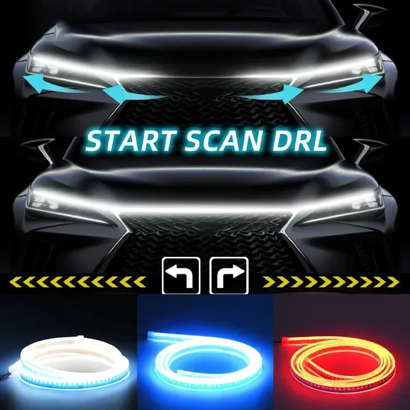 LED Car Hood Decorative Light Strip Start Scan Dynamic Ambient Light Car Daytime Running Light DRL With Turn Signal Lamp 12V
