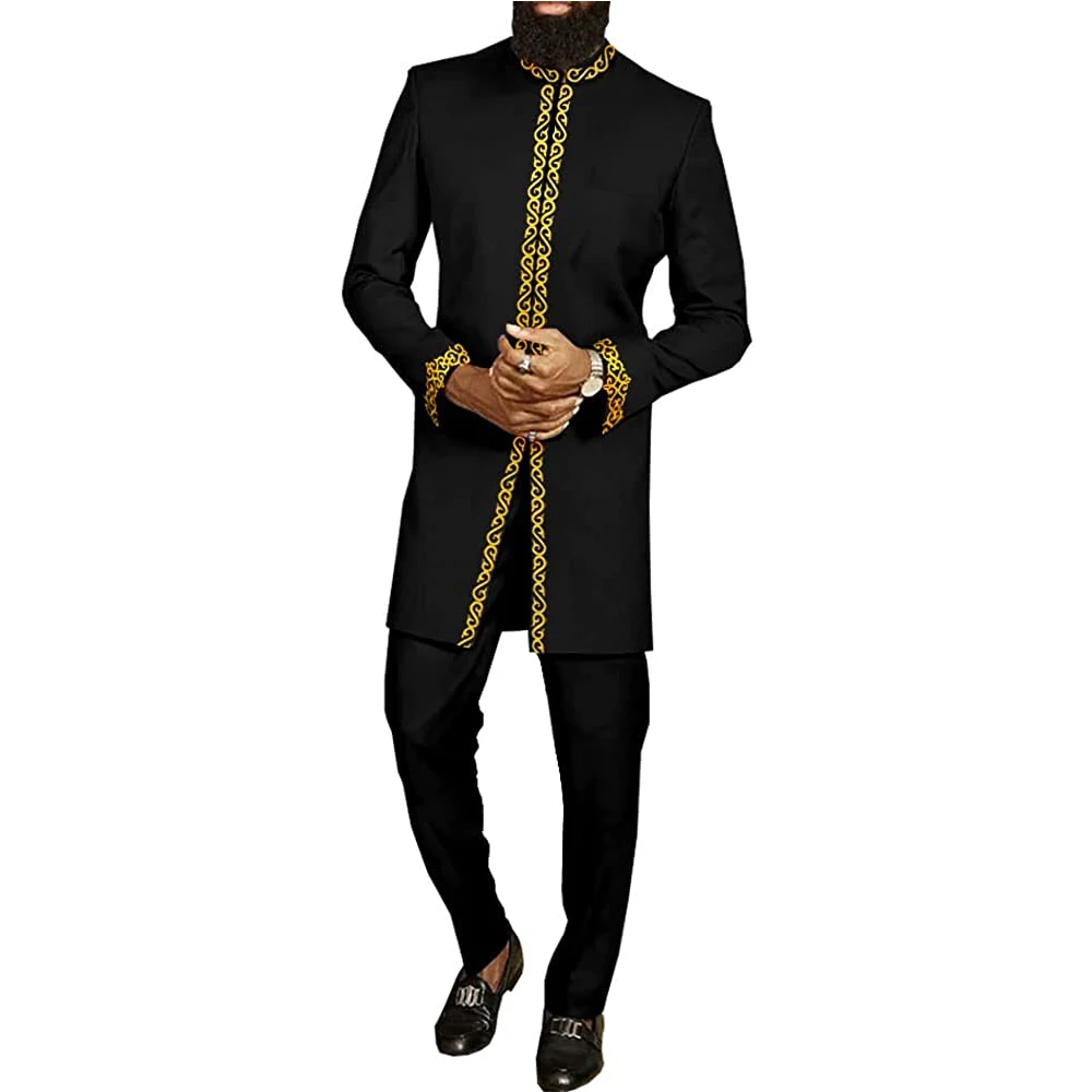 2024 New Men's Wedding Suit Top Pants Two-piece Suit Round Neck Stitching Solid Color Long Sleeve Festival African Ethnic Style