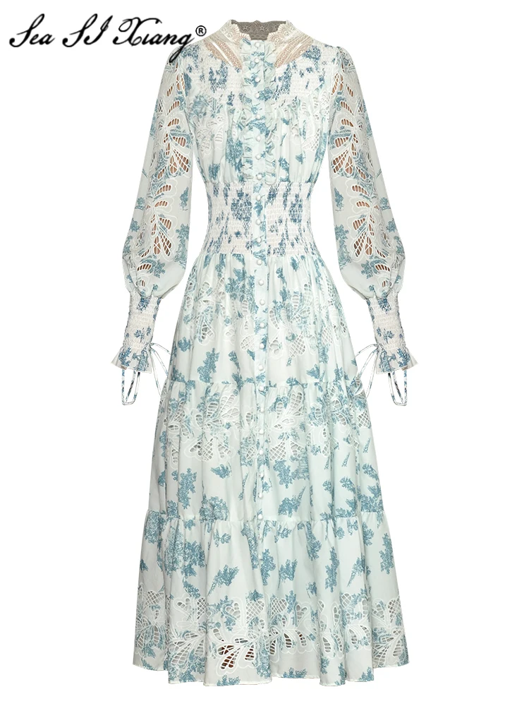 

Seasixiang Fashion Designer Spring Summer Women Dress Lantern Sleeve Ruffle Embroidery Single Breasted Vintage Midi Dresses