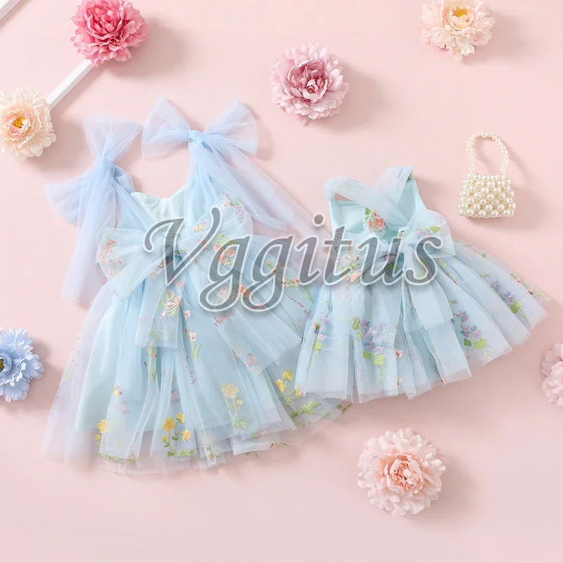 Family Matching Outfits for Summer Sweet Style Soild Color Embroidery Open Back Dress and Bodysuit for Twins Sisters E1237 - 5
