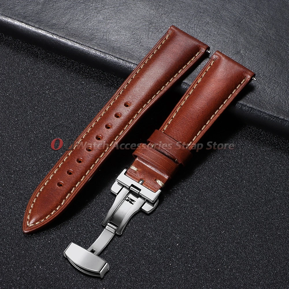 Vintage Oil Wax Leather Watch Band with Butterfly Buckle and Quick Release
