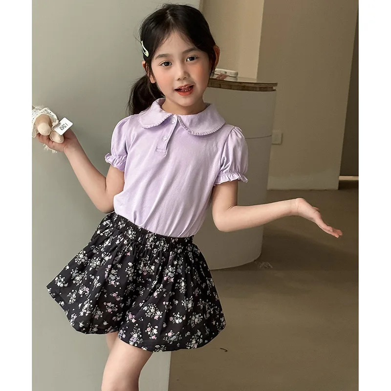 여아 플로럴 프린트 미니 스커트 러플 소매 A라인 캐주얼 데일리 키즈 스윗 여름 스윙 스커트