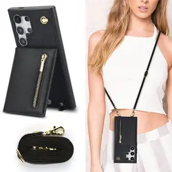 Zipper Crossbody Wallet Case with Card Holder and Lanyard - Galaxy S26FE (Black)