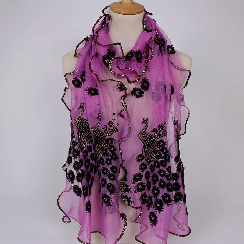 The New 2024 of Popular Fashion Peacock Flocking Breathable cut Scarves lace Ladies scarf Bronzed scarf 40x190cm 4