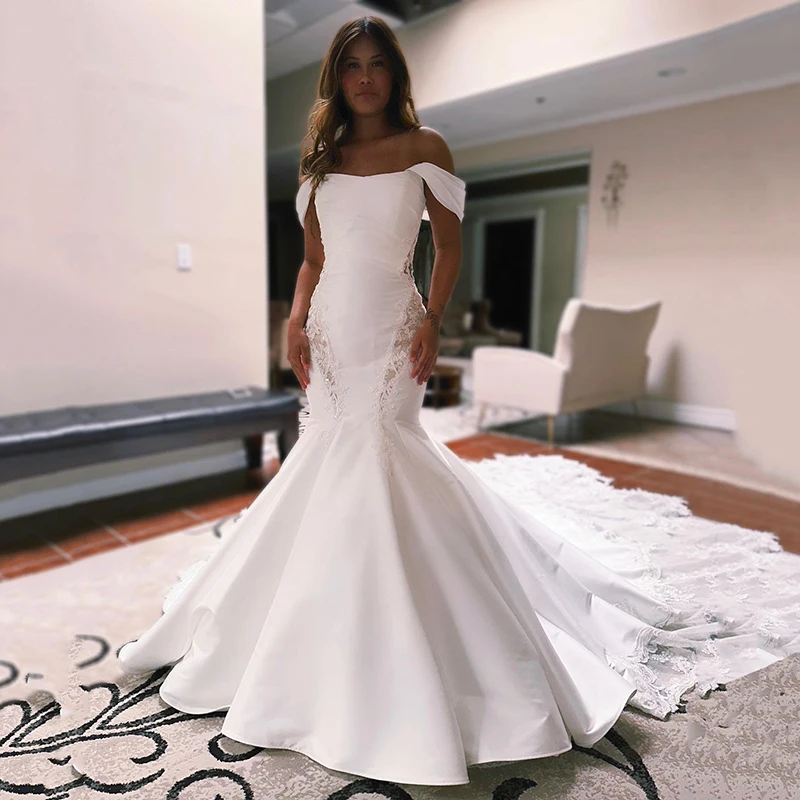 

Eightree Formal White Mermaid Wedding Dresses Off The Shoulder Appliques Bridal Dress Boho Beach Wedding Prom Gowns Custom Size