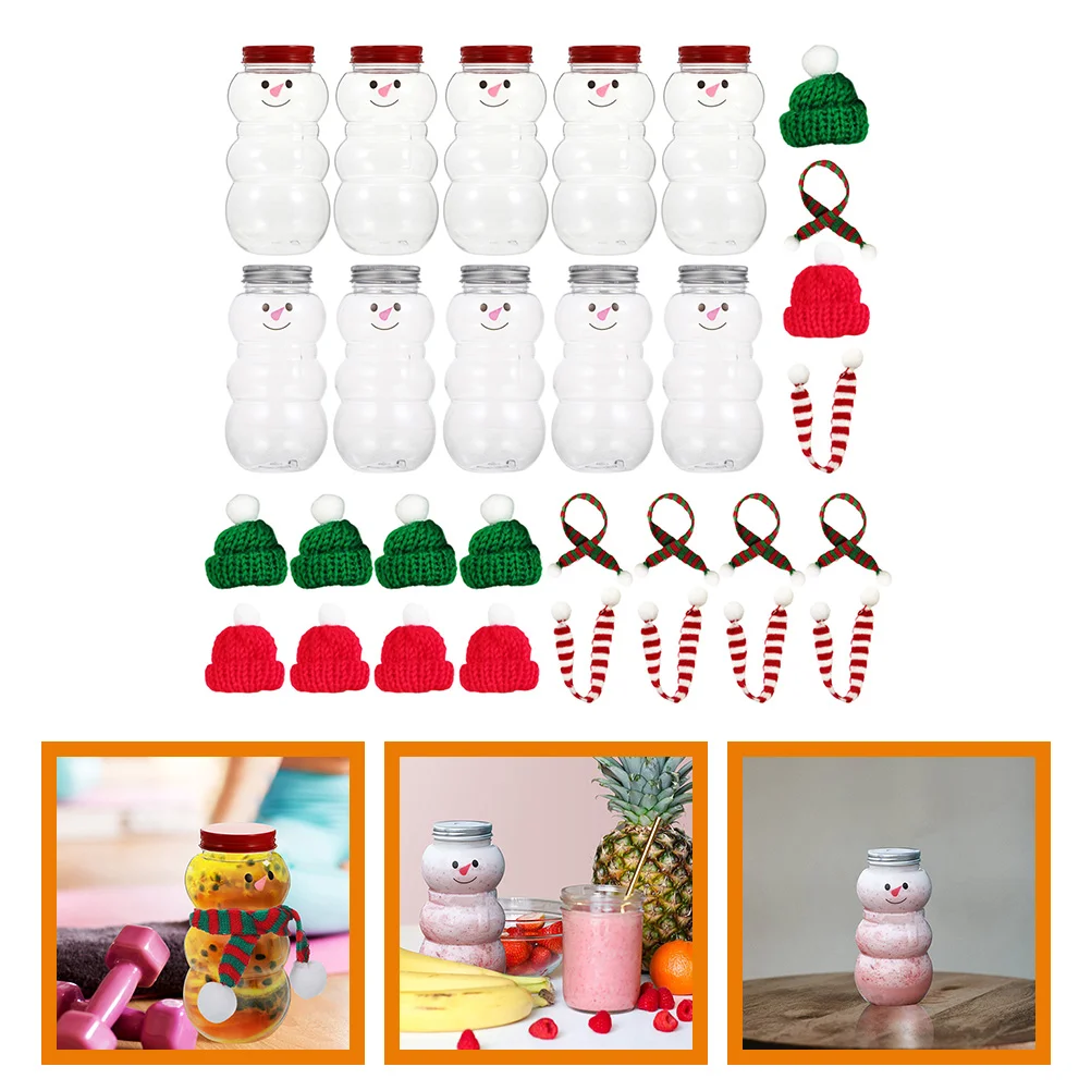 

10 Sets Christmas Snowman Milk Tea Cold Drink Juice Bottle Sealed Packaging Beverage Jar Container Scarves Bottles for Juicing