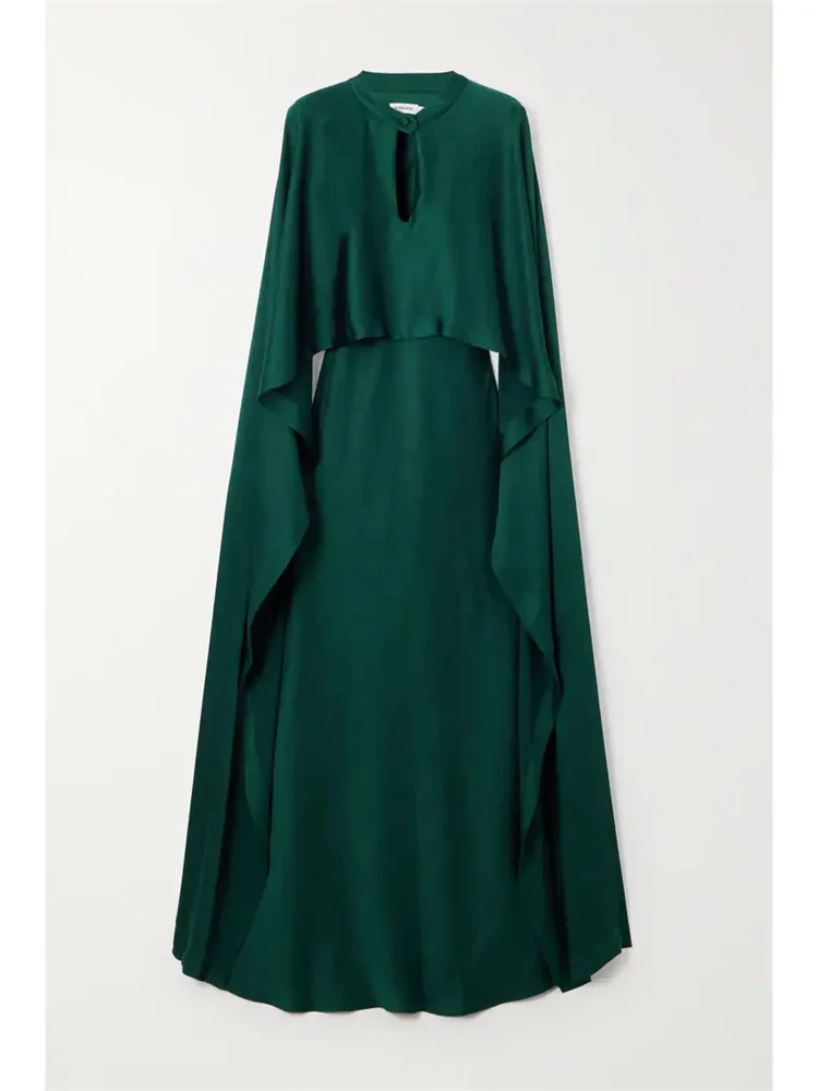 

New Long Draped Cape Sleeves Satin Halter Neck Structured Bodice Evening Dress Elegant Concealed Back Zipper Fastening Gown 2024
