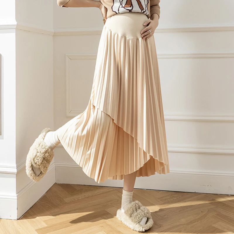 Pregnant Women Skirt Autumn Winter Korean Fashion Irregular Pleated Maternity Skirts Elastic Waist Belly Loose Clothes for Pregnant Women Pregnancy