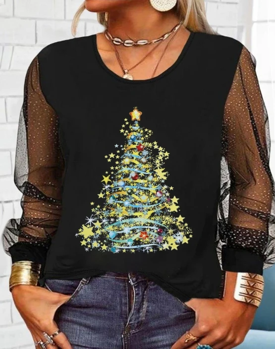 Summer New Women's Christmas Tree Mesh Patchwork Top with Temperament Commuting Fashion Elegance Long Sleeved Top
