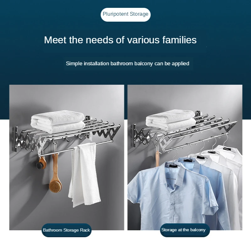 New Product Stainless Steel Bath Towel Rack Toilet Bathroom Shelf Activity Retractable Folding Towel Rack Drying