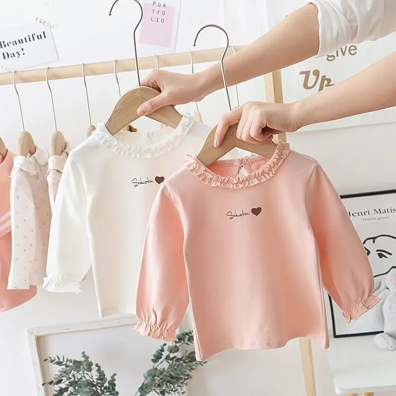 

2022 New Children's Clothing Girls' Fungus Edge Round Neck Long-sleeved T-shirt Children's Clothes Top Women's Bottoming Shirt
