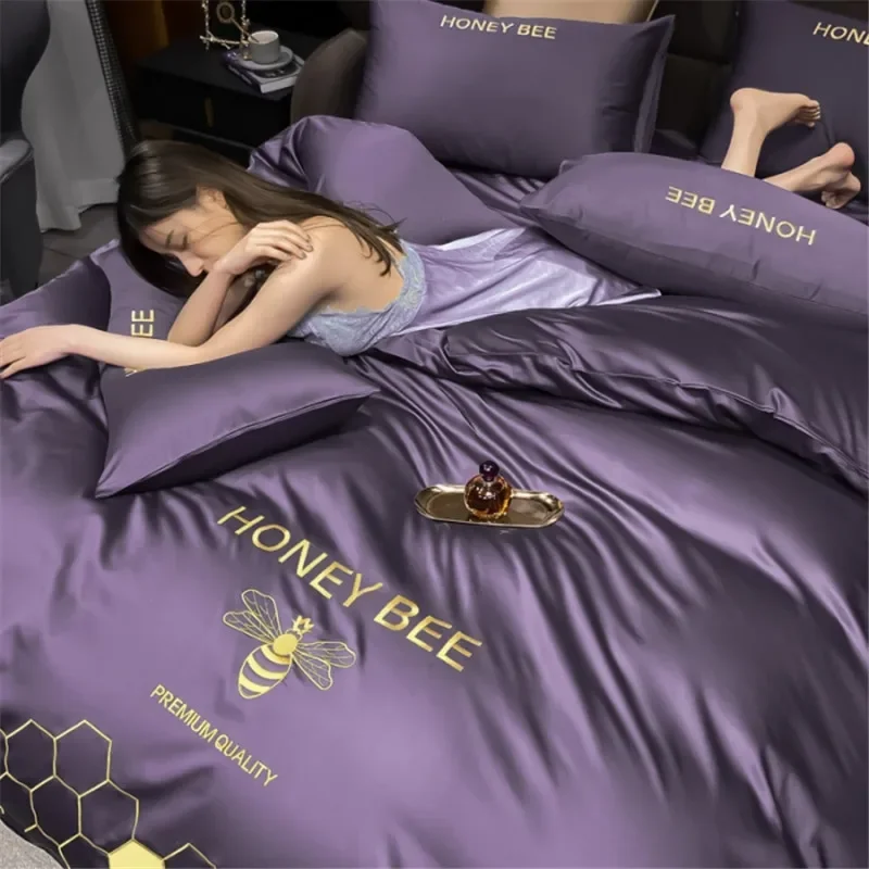 

100% Cotton Luxury Bedding Set Bee Embroidery Solid Color Purple Comforter Covers 3/4 Piece Set Soft Highend Bedclothes