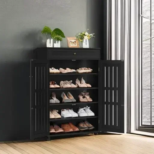 New2025-Shoe Cabinet, 5-Tier Shoe Rack Organizer with 1 Drawer, Freestanding Wooden Shoe Storage Cabinet with 2 LouveredDoor &Ad