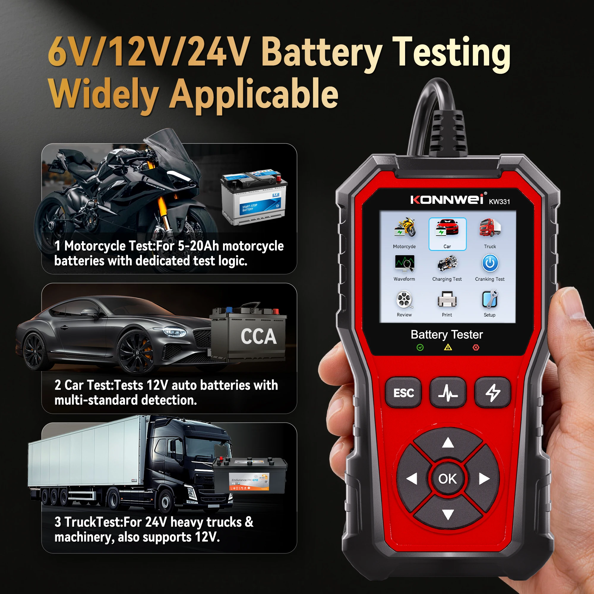 KONNWEI Car Battery Tester KW331, 6V 12V 24V 100–2000 CCA Cranking Charging System Analyzer Tool for Cars Motor Trucks and DIY Users 2026 - Image 3