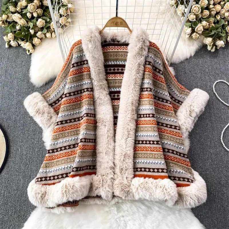 

Плотный плащ с меховым воротником, женский свободный мягкий кардиган, свитер средней длины с кисточками для ленивых, осенне-зимняя шаль Z3307